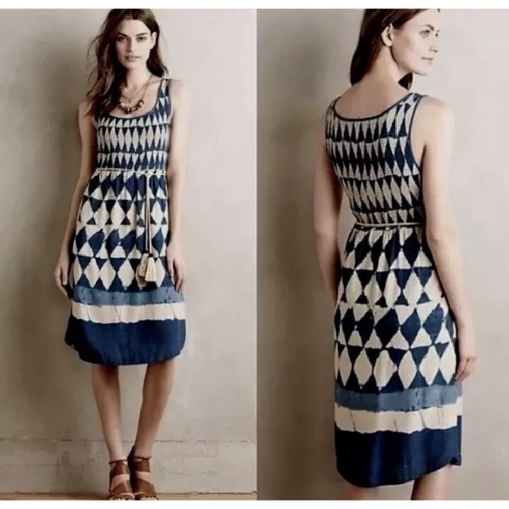 Maeve Anthropologie Women's round neck Indigo Diamond Tye Dye Blue Dress Size‎ 2